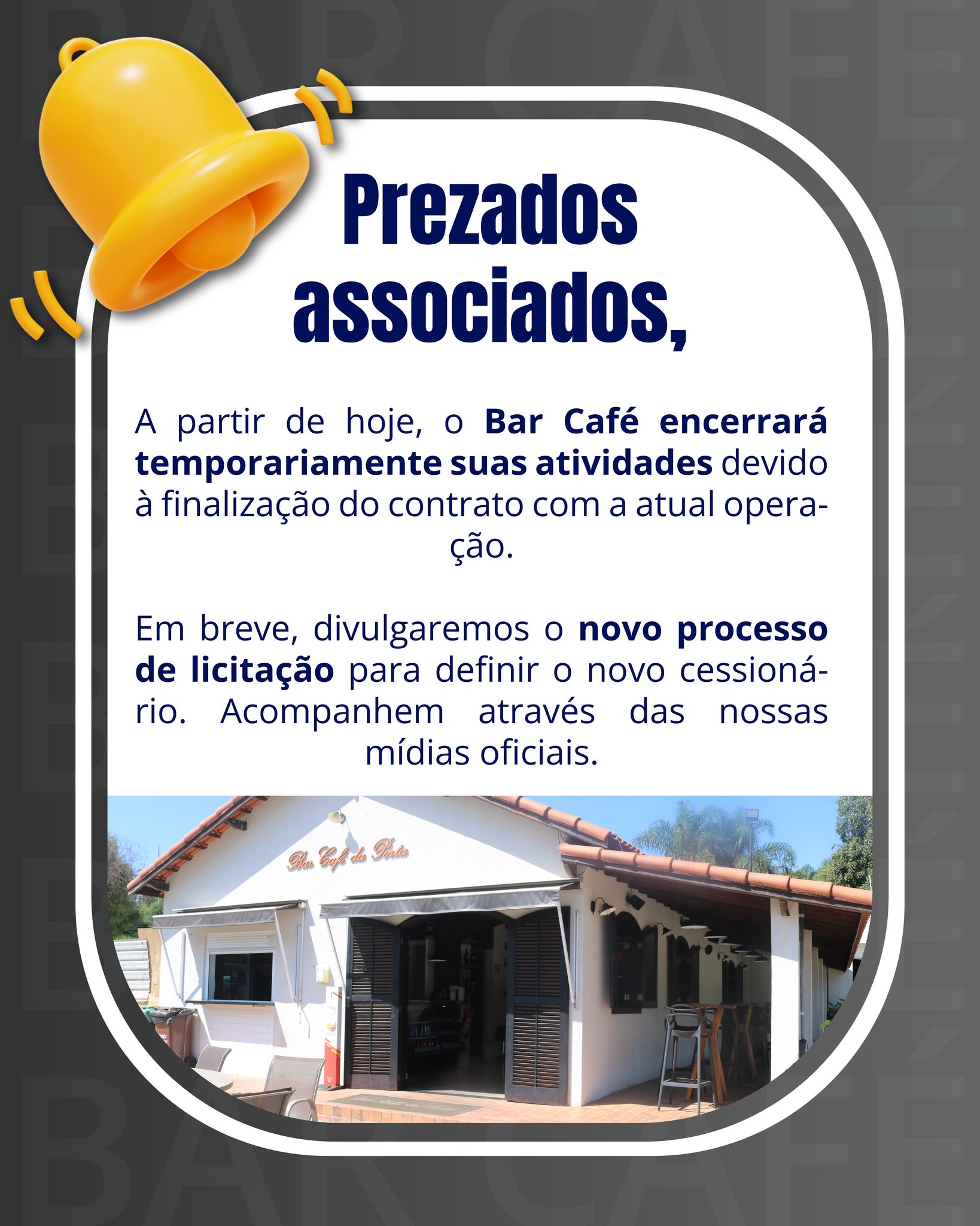 Informamos que o Bar Café está com suas atividades temporariamente suspensas.

Estamos em processo de transição e, em breve, divulgaremos o novo processo de licitação para definição do próximo cessionário.

Acompanhe nossas mídias oficiais para mais atualizações.